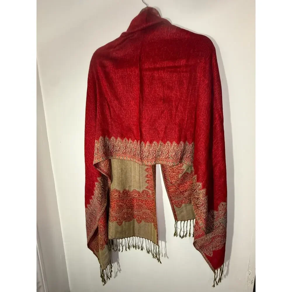 Pashmina Cashmere Silk Shawl Scarf Red Paisley Fringe Wrap 55% Cashmere